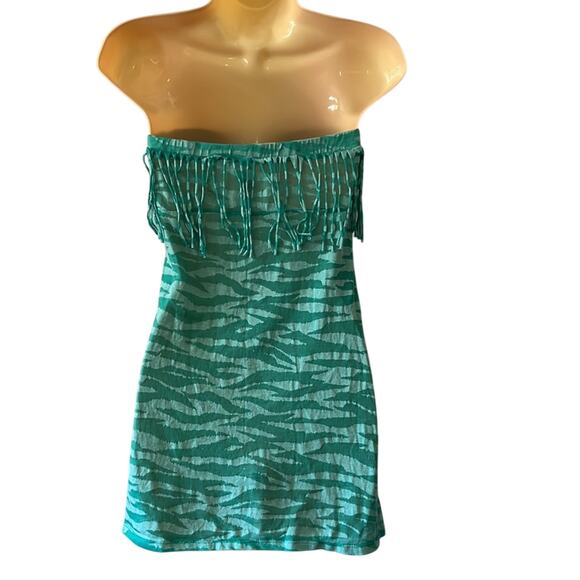 Bongo Juniors Size L Green Print Strapless Swim Coverup Fringe Beach - Picture 3 of 9